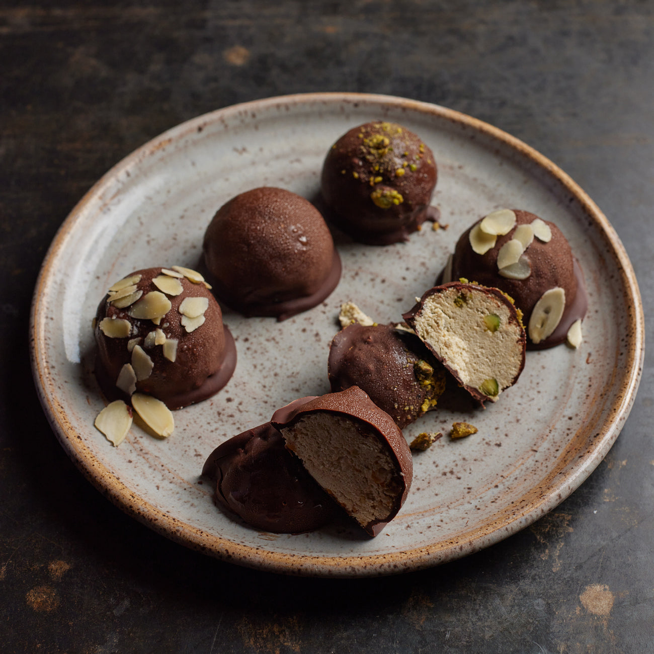 Pistachio-halva-chocolate truffles